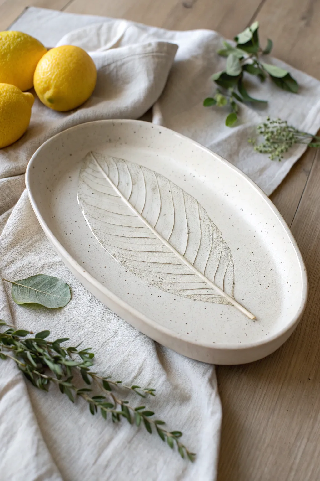 Botanical leaf-imprint slab platter in soft neutrals, styled on linen with bright lemons.