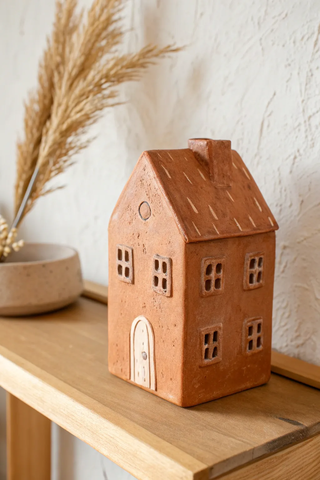 Beginner-friendly slab house sculpture in warm clay tones, styled as minimalist shelf decor