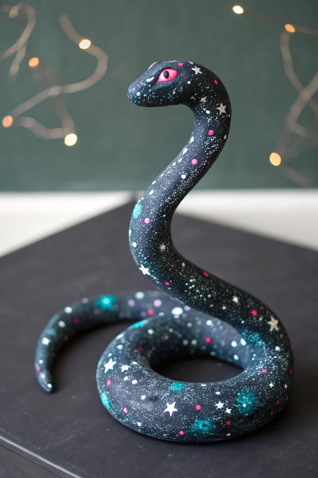 Galaxy-pattern fantasy clay snake in a flowing curve, star-speckled and striking on a dark backdrop