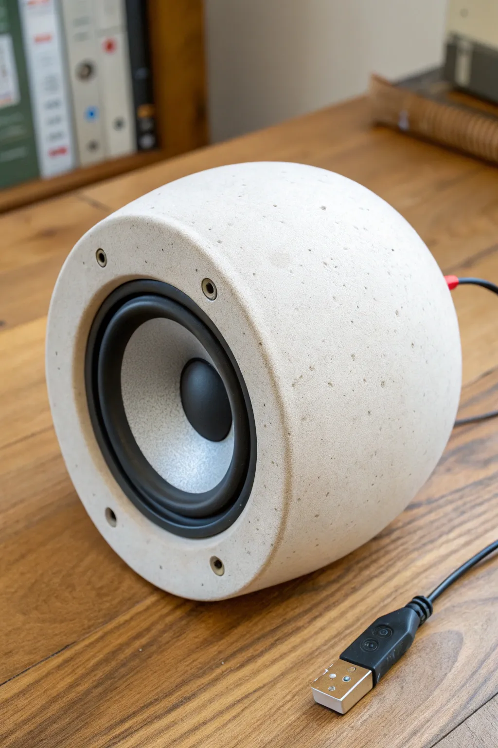 Minimal clay speaker housing with a clean round driver opening and calm Scandinavian warmth