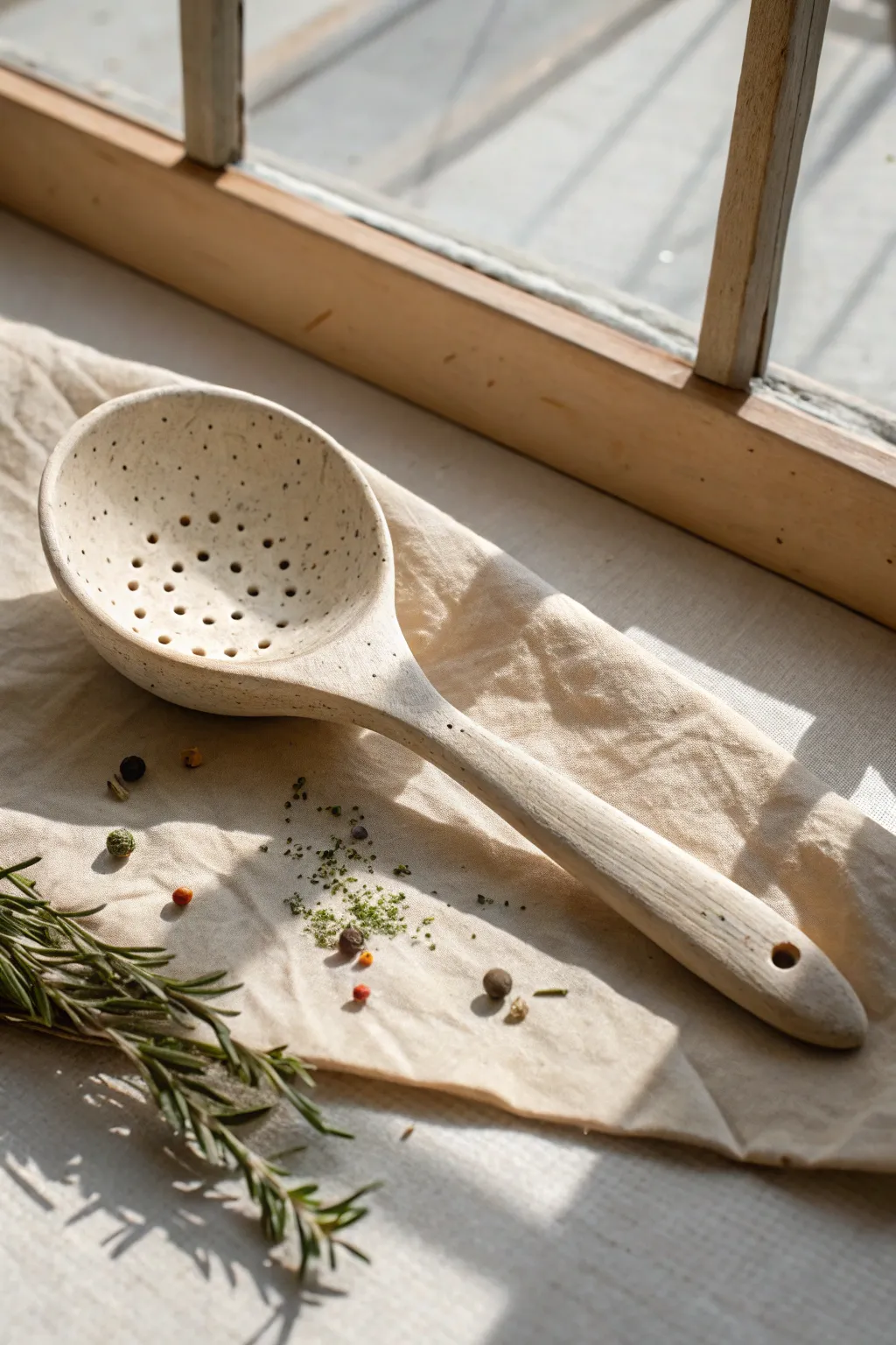 Pierced clay spoon with strainer holes, styled with dried herbs for simple tea-time charm.