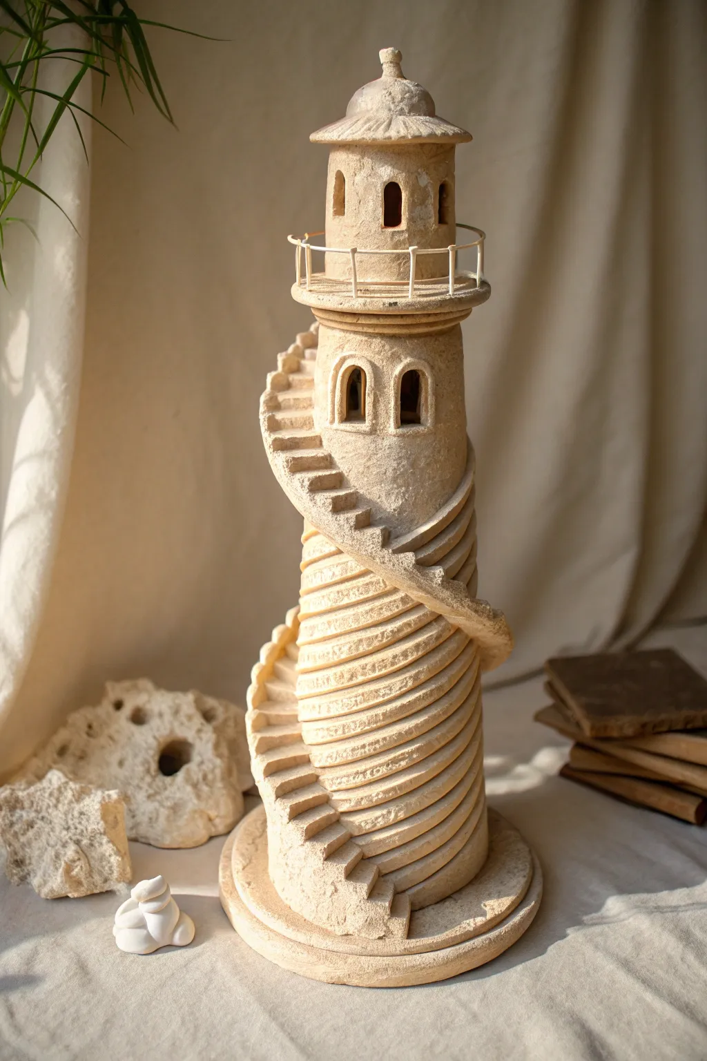 Minimal clay tower with a winding spiral staircase, soft light and clean lines for modern decor