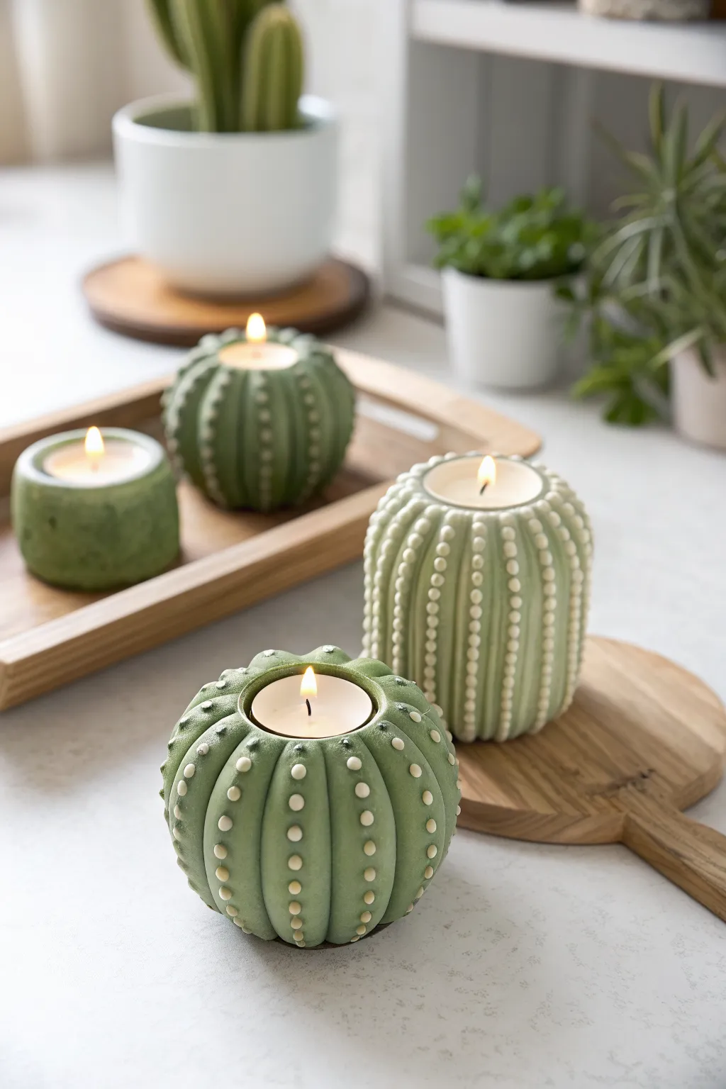Three tiny cactus tea light holders in calming greens bring cozy desert charm to your table.
