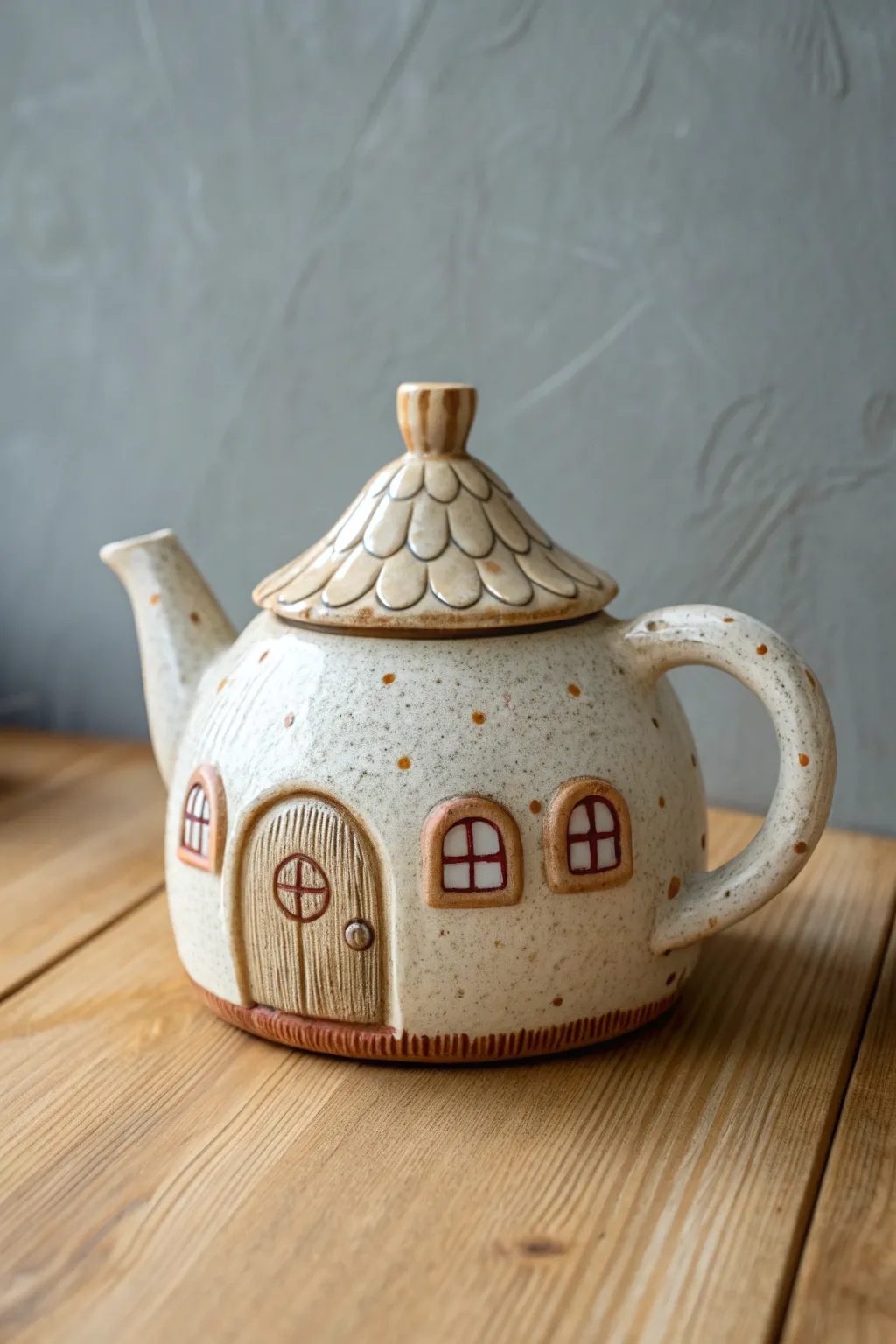 A cozy storybook house teapot with roof lid and tiny windows, perfect for whimsical tea moments.