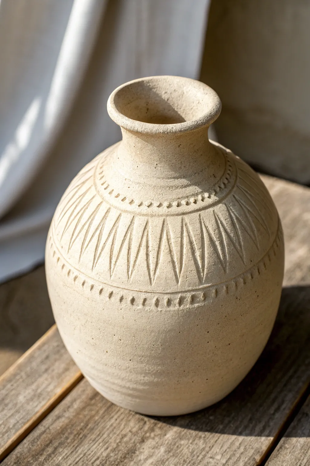 Close-up wheel-thrown vase with chattered trim marks, modern texture in calm Scandinavian style.