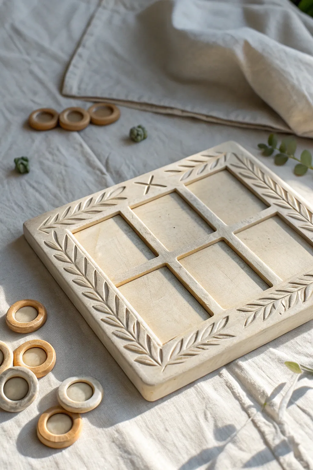 Sculpted leaf-framed clay tic tac toe board, a minimalist game that doubles as decor