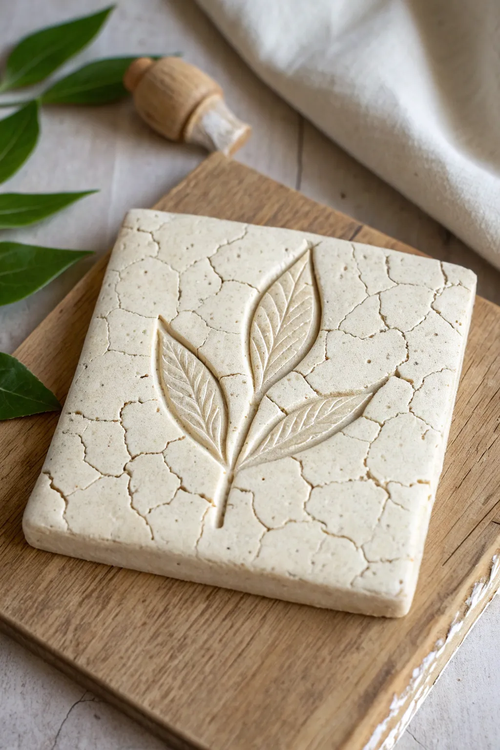 Cracked earth clay tile with a tiny sprout relief, minimalist hope in natural tones