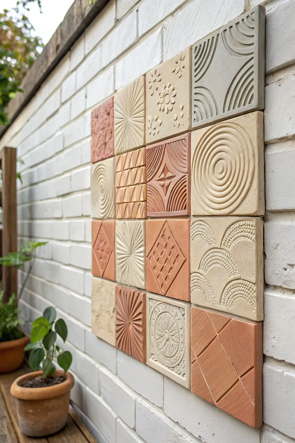 Abstract patchwork clay tile grid wall art in soft earthy tones for a minimalist boho vibe