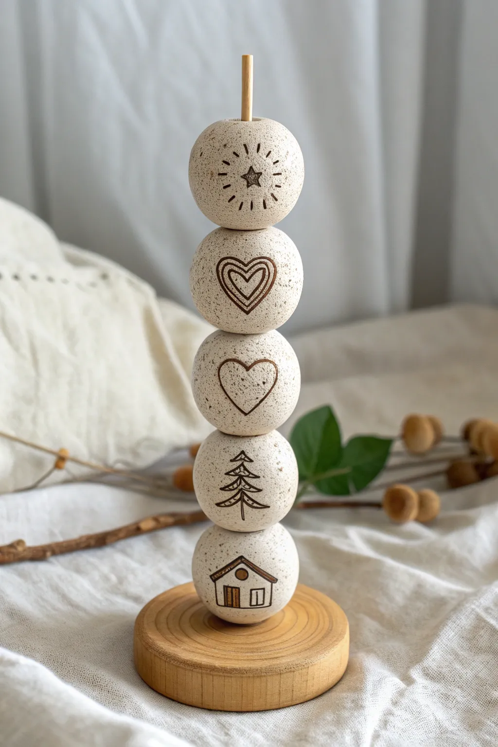 Minimalist symbol bead story totem in warm clay tones, stacked to hold a personal narrative.