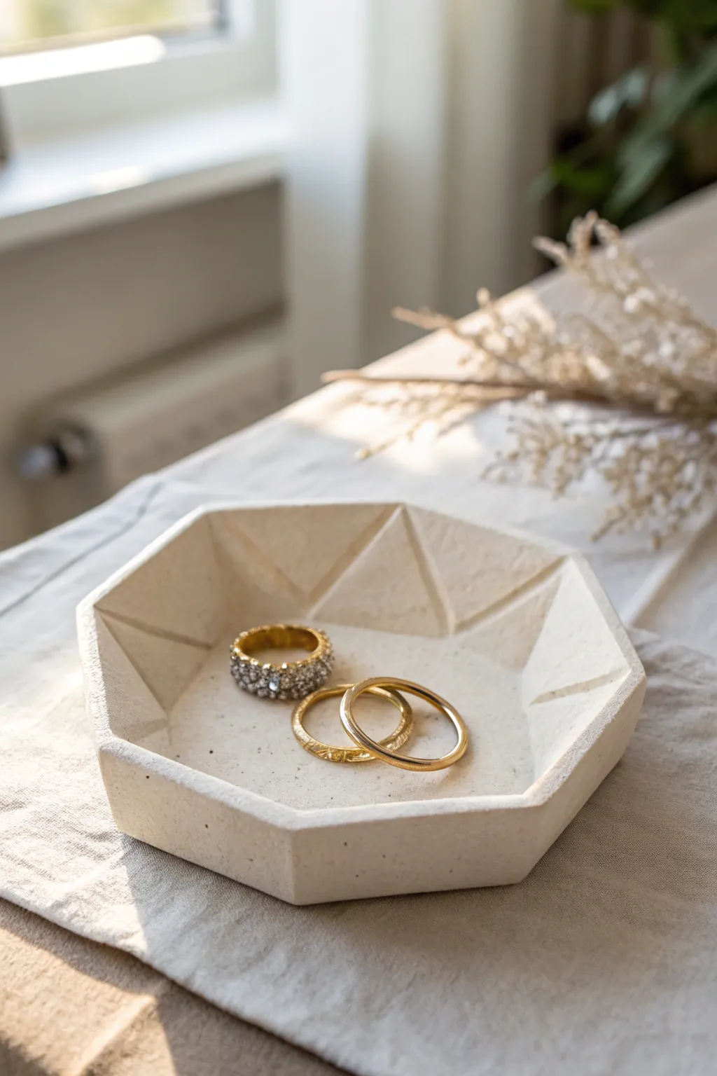 Faceted gem inspired clay tray with crisp angles, perfect for rings and tiny treasures.