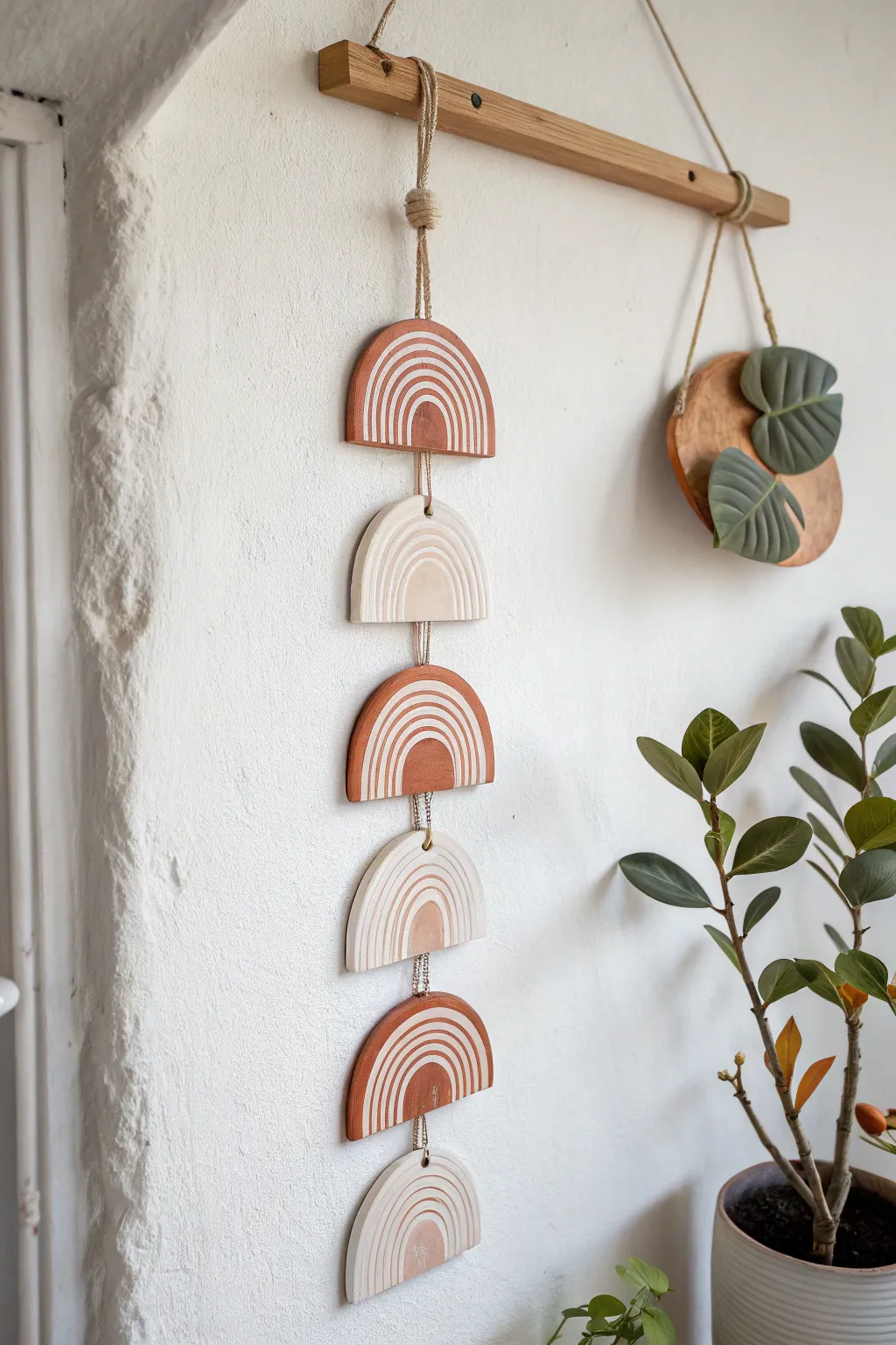 Soft striped clay arches and circles on a cord make a playful, minimalist wall hanging.