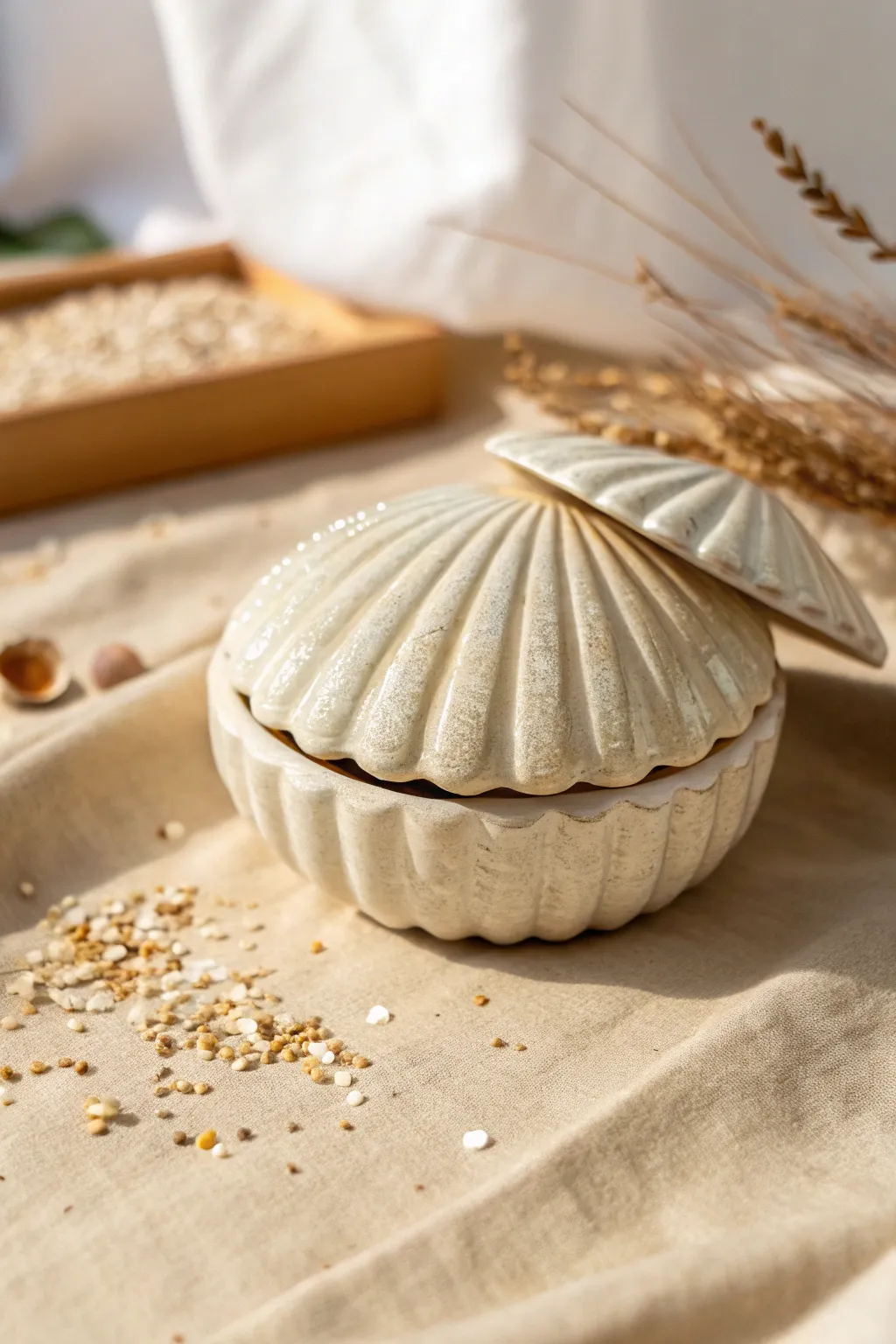 Pearly seashell trinket box with a soft coastal glow, minimalist and beachy yet refined.