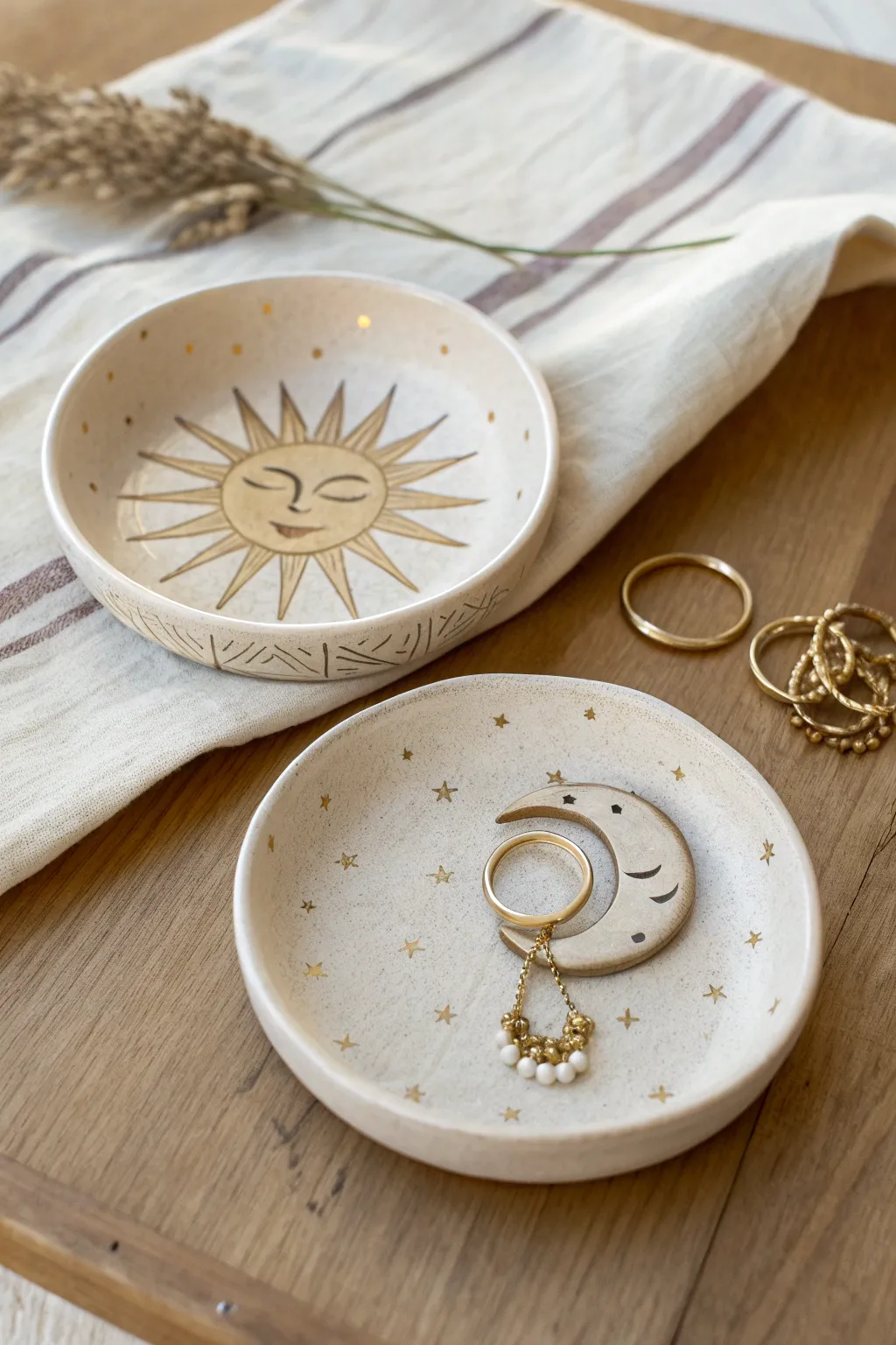 Warm neutral sun and moon trinket dishes with subtle metallic accents for everyday jewelry.