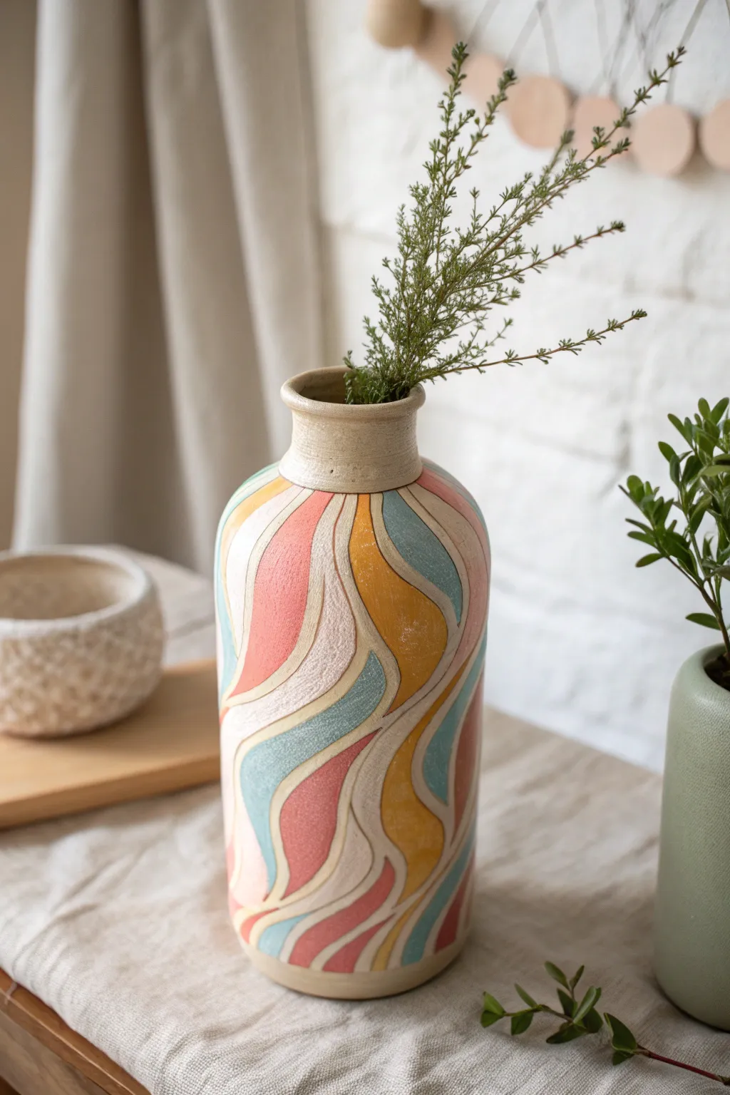 Upcycled vase idea: bright polymer clay squiggle wrap with simple greenery for a fresh, modern look
