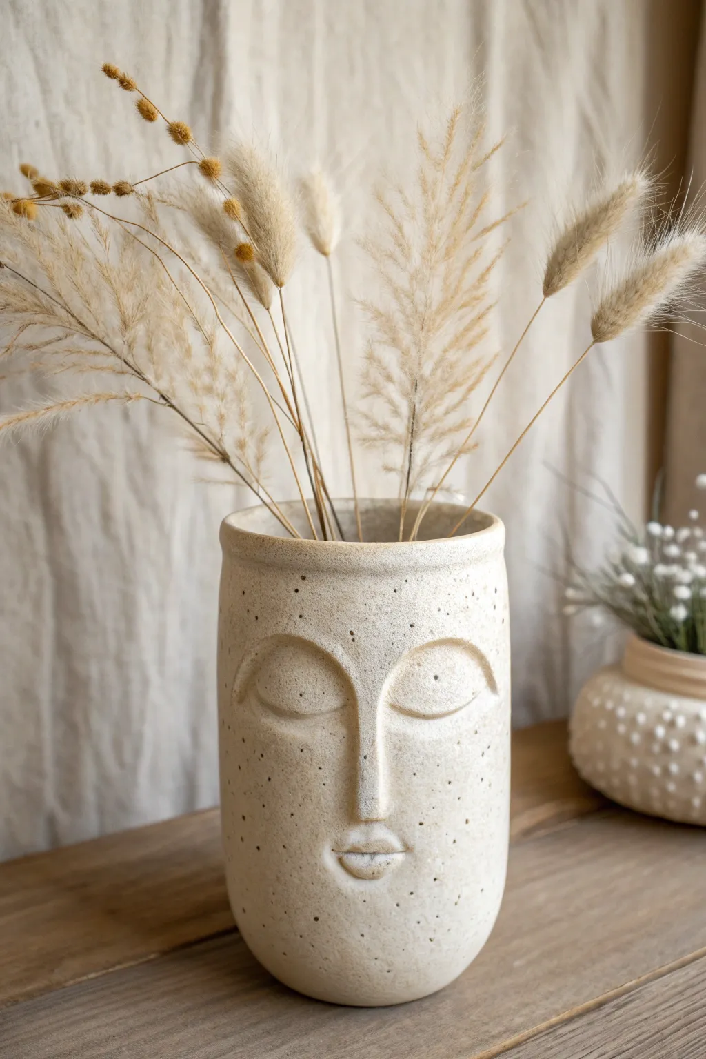 Easy minimalist face vase idea with dried stems for a soft boho hair effect