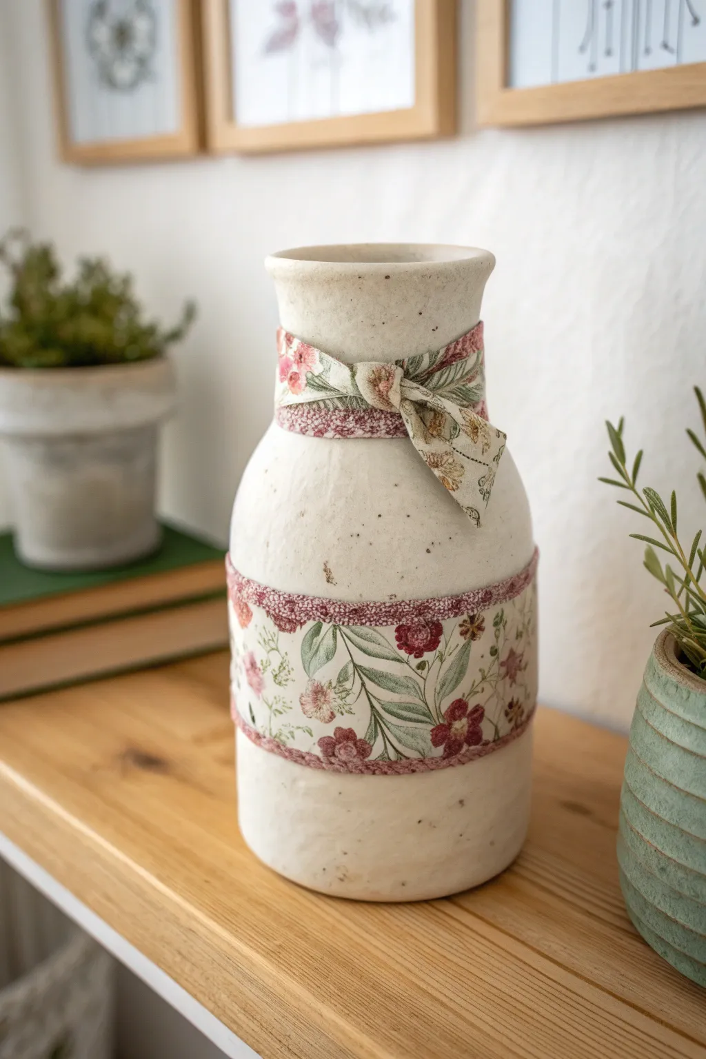 Soft boho touch: a floral fabric-wrapped clay vessel styled simply on a Scandinavian shelf.
