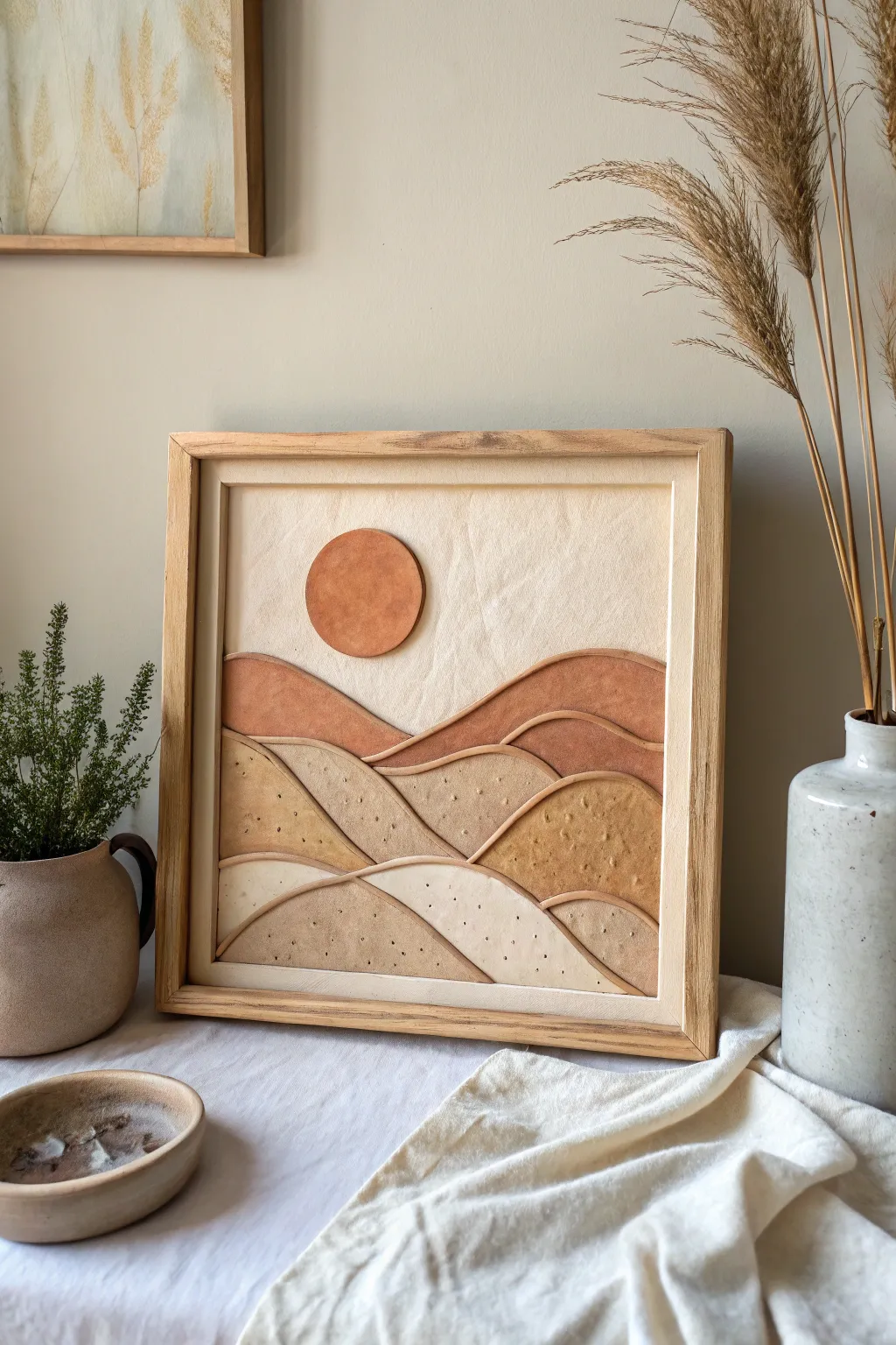 Minimal 3D clay landscape panel with earthy tones and gentle relief for calm, modern wall art