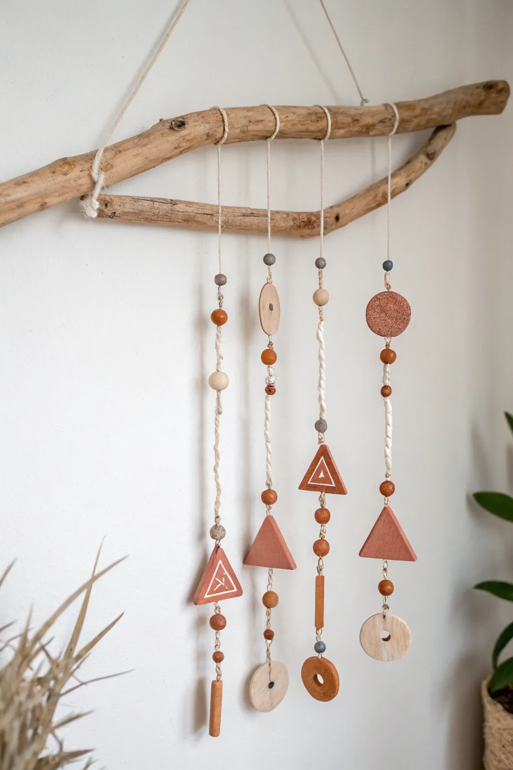 Minimal driftwood wall hanging with handmade clay charms for airy Scandinavian boho charm