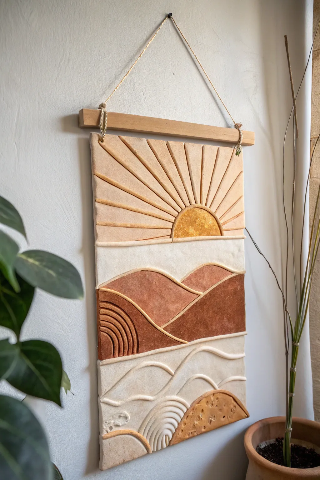 Layered clay landscape wall hanging: sun and hills in soft desert tones, minimalist boho charm.
