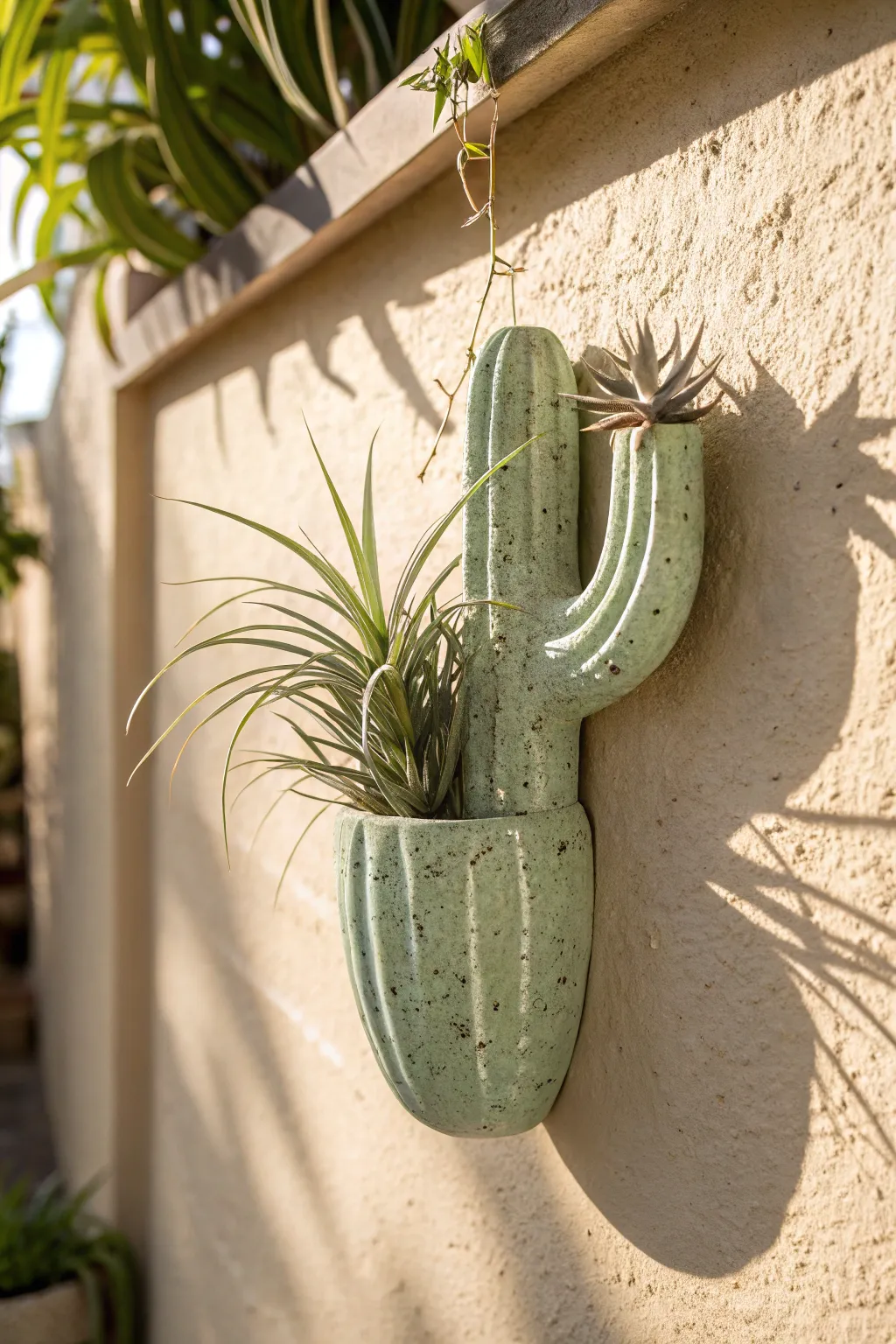 Playful cactus wall pocket in desert tones, holding an air plant for a warm minimalist nook.
