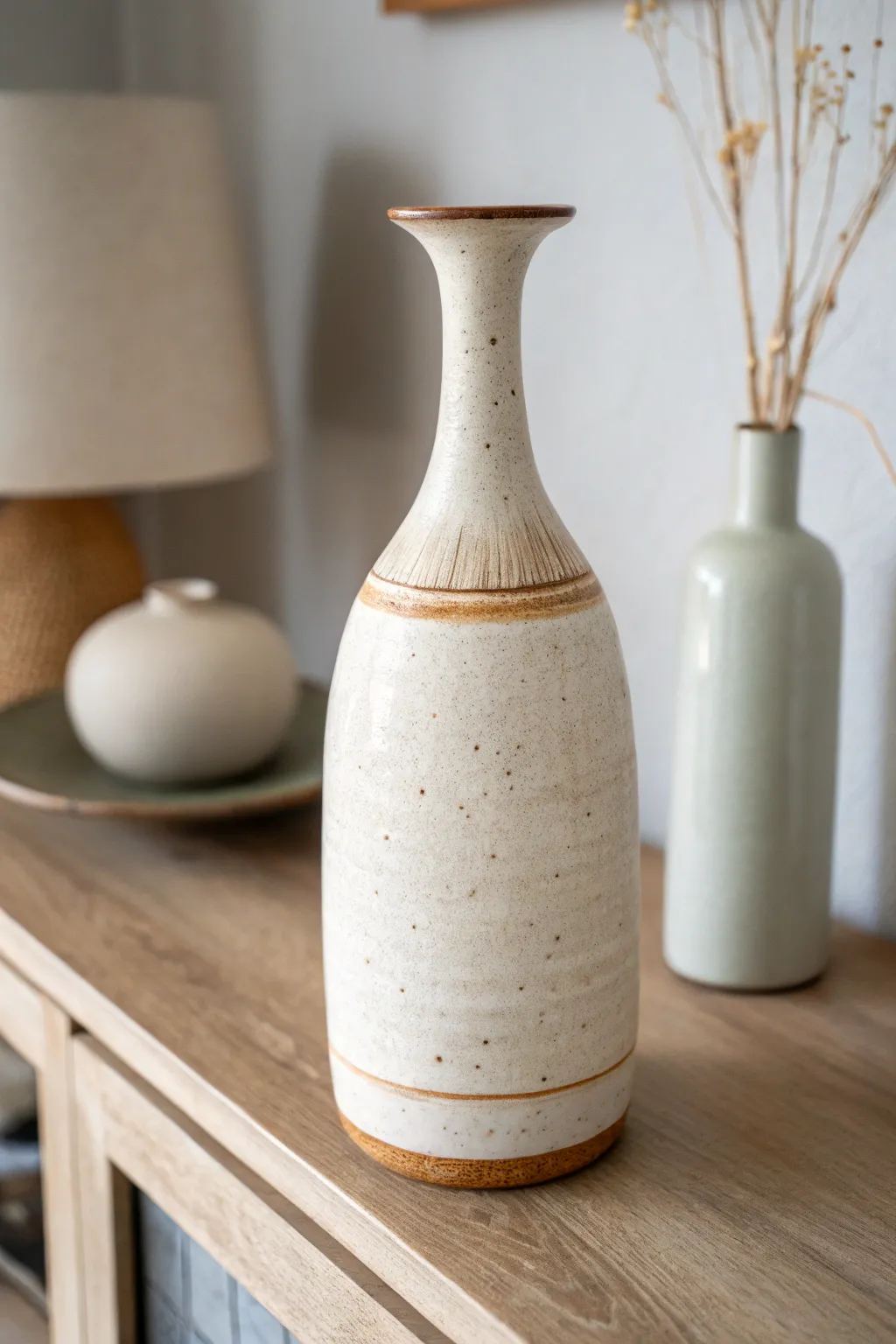Graceful tall bottle form with a subtle sectional seam, minimalist and warmly handmade