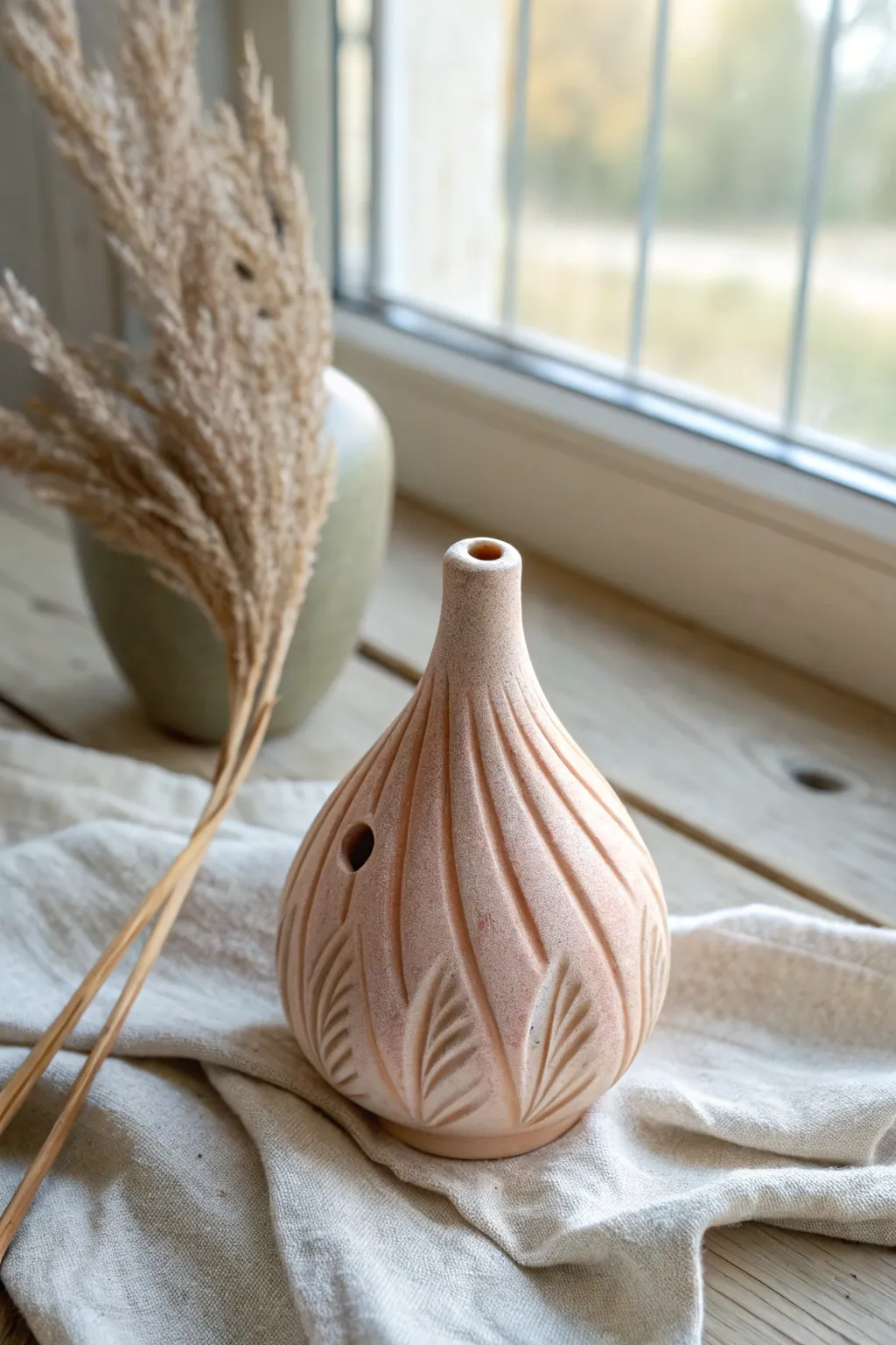 A sweet flower bud whistle with carved petals and a soft blush-to-cream glaze.