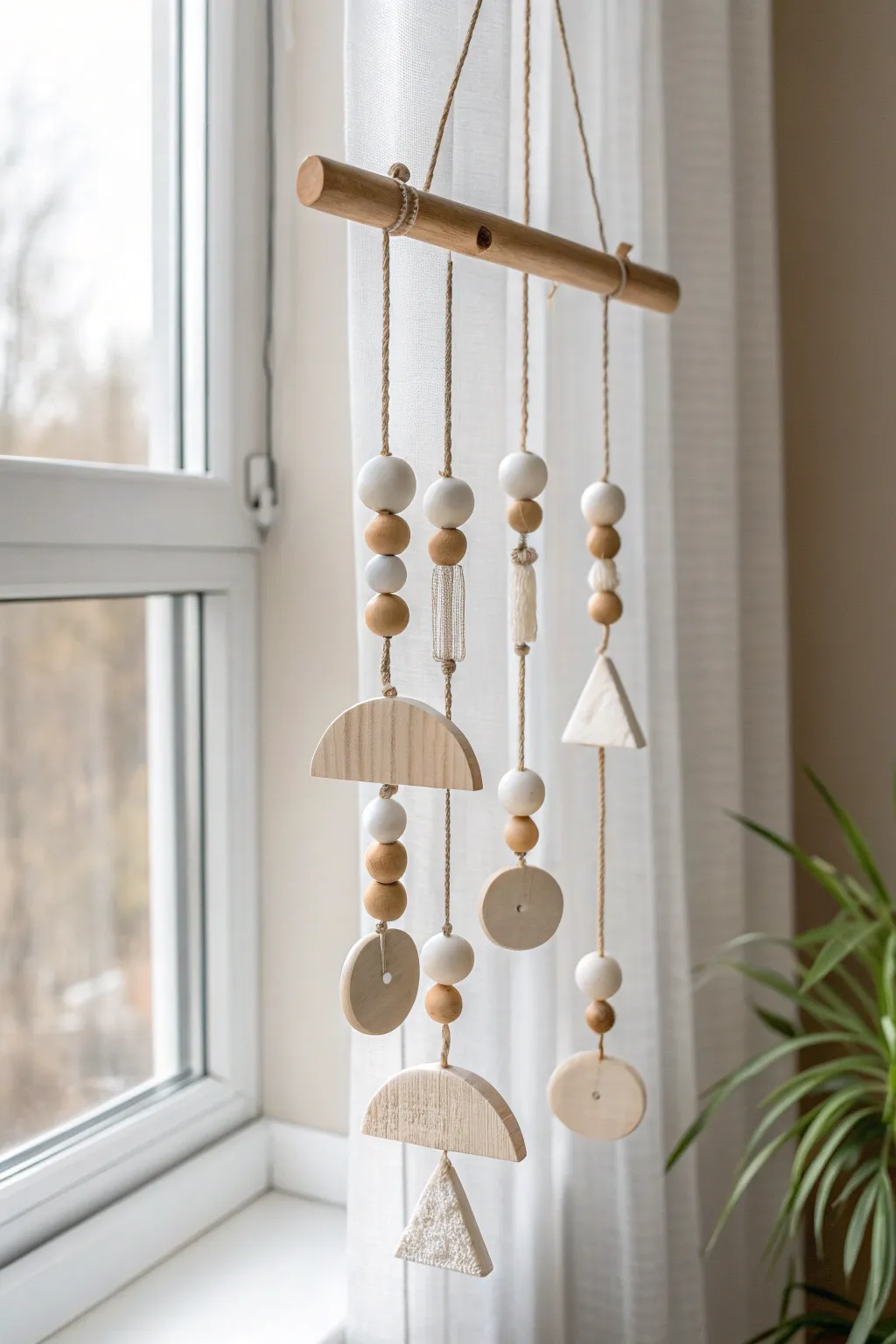 Minimal clay mobile wind chime with soft neutral tones, balanced bars, and gentle breezy movement.