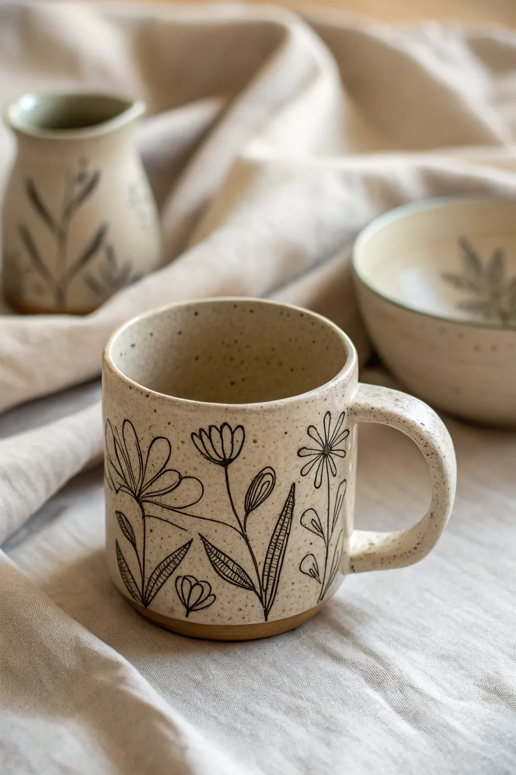 Bold sgraffito lines on simple forms for a cozy, minimalist clay workshop night