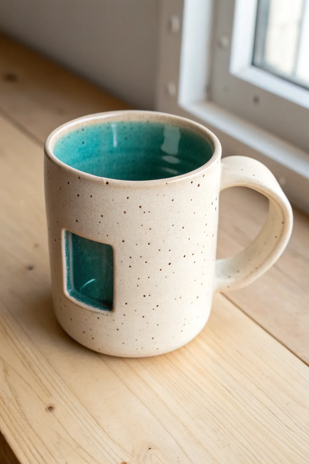 Peekaboo cutout mug with a glossy pop of color inside, minimalist outside, craft-forward charm.