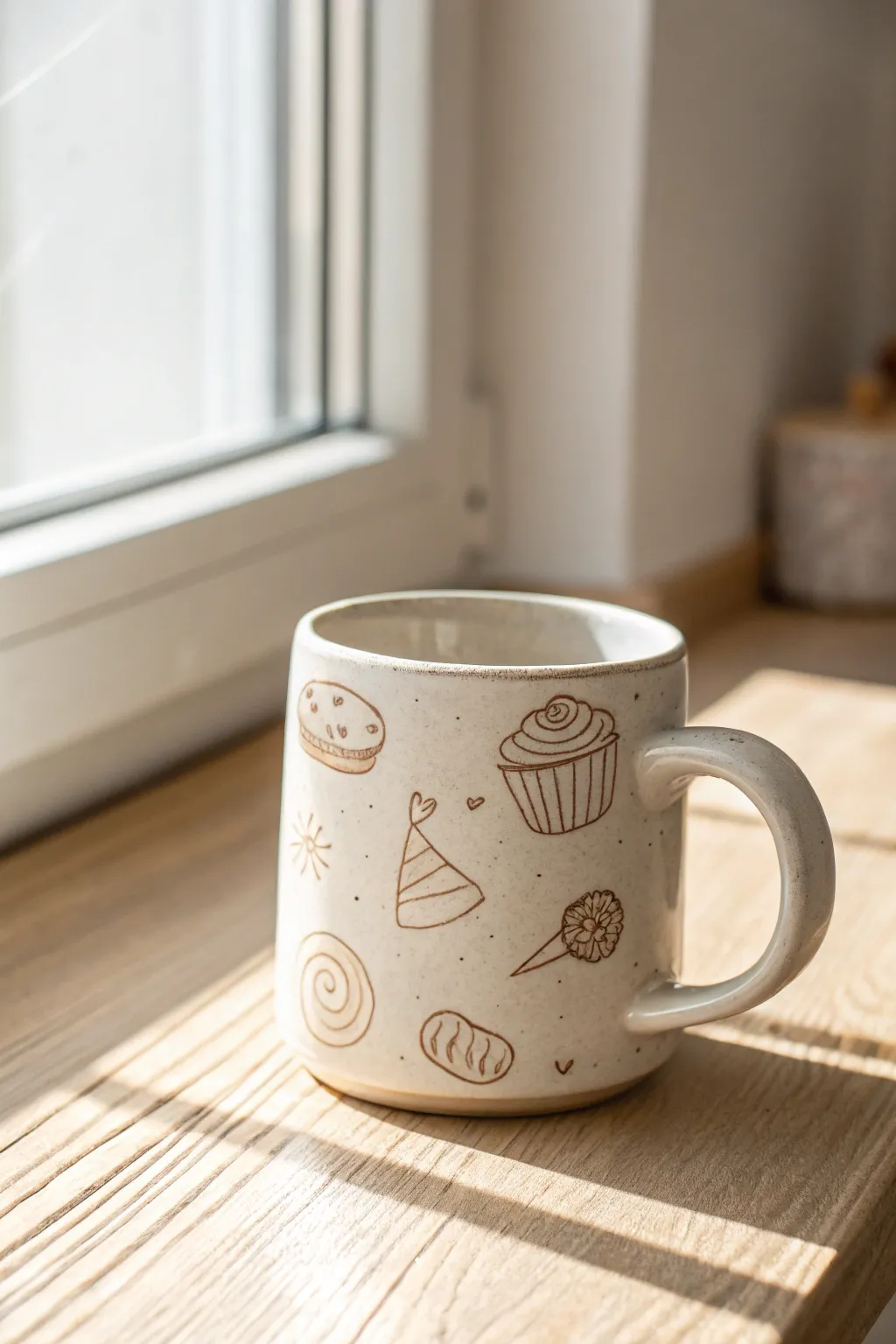 Tiny pastry doodles around the rim make this minimalist mug feel sweet and personal.