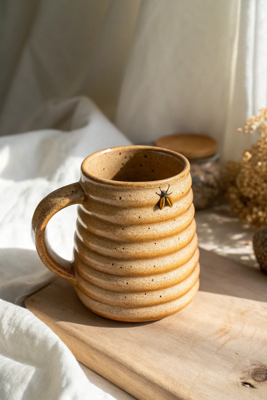 Beehive coil mug in warm honey clay, minimalist and cozy, perfect for beginner potters