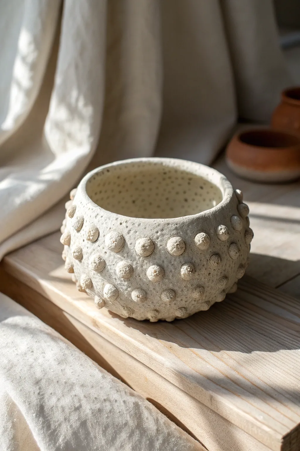 Barnacle-studded coil pinch pot in matte off-white clay, side-lit for crisp shadows and texture.