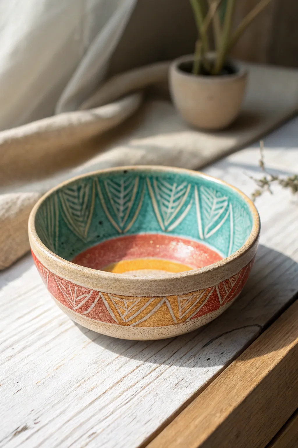 Simple sgraffito lines carve through bright layers for an easy, modern clay pop of color.