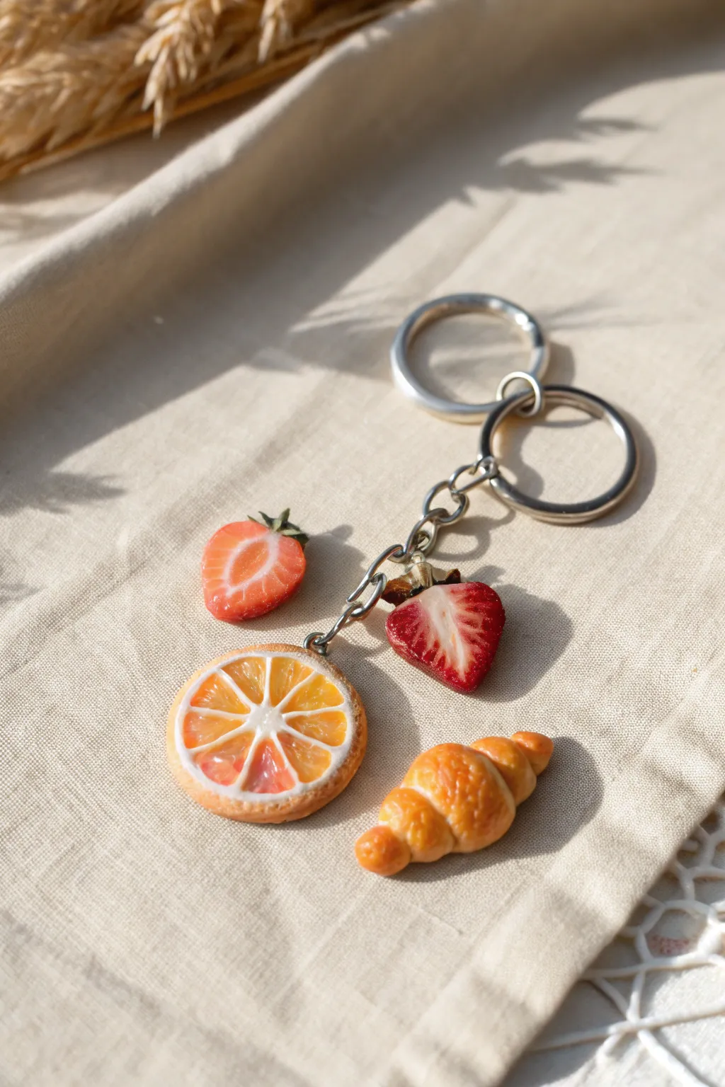 Tiny clay food charms styled as a minimalist keychain, perfect for zipper pulls or gift add-ons.