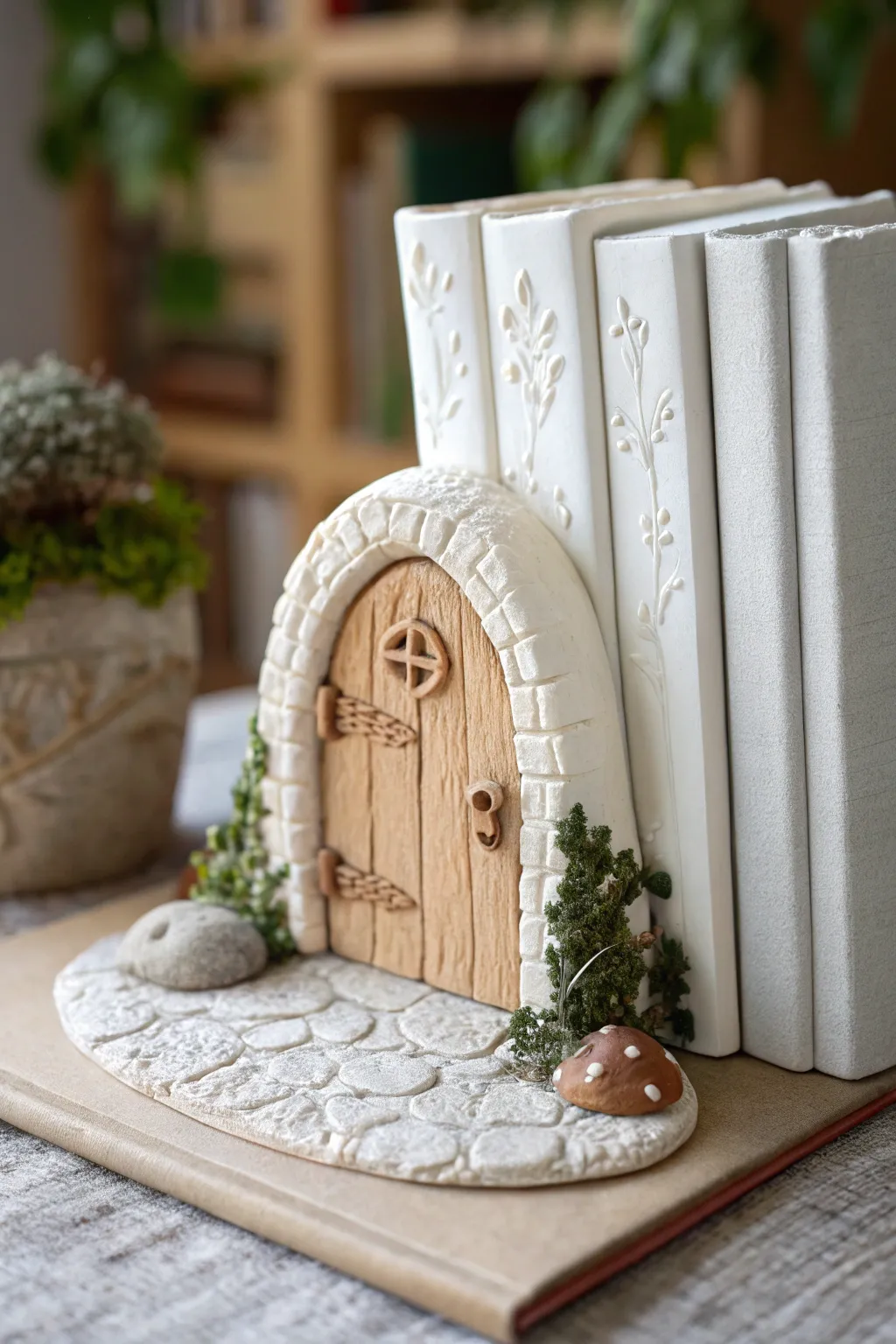 Minimal clay book nook diorama with a tiny doorway scene, cozy handmade charm for shelves