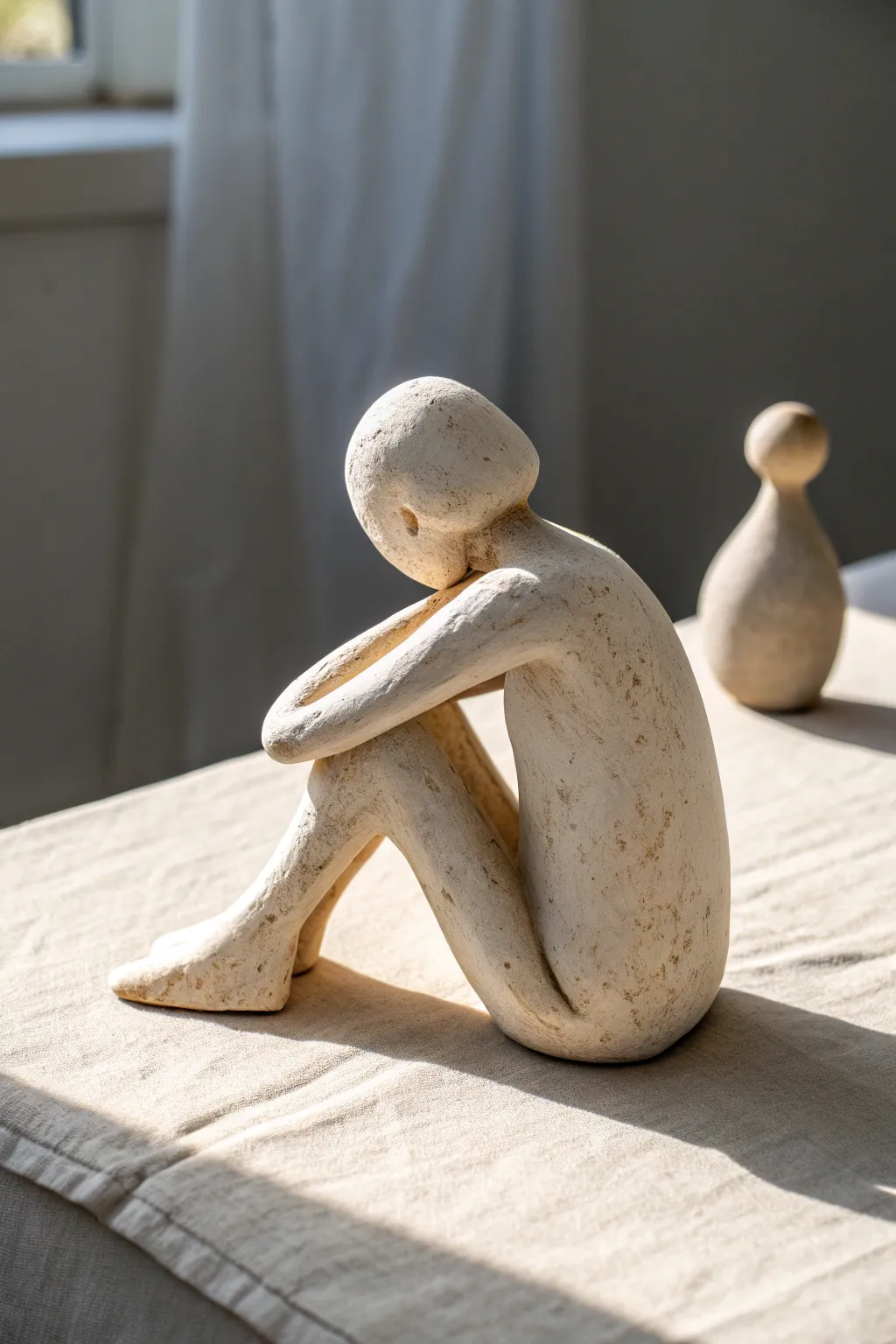 Easy abstract sitting figure in smooth clay, minimalist and modern with soft shadows and calm contrast.