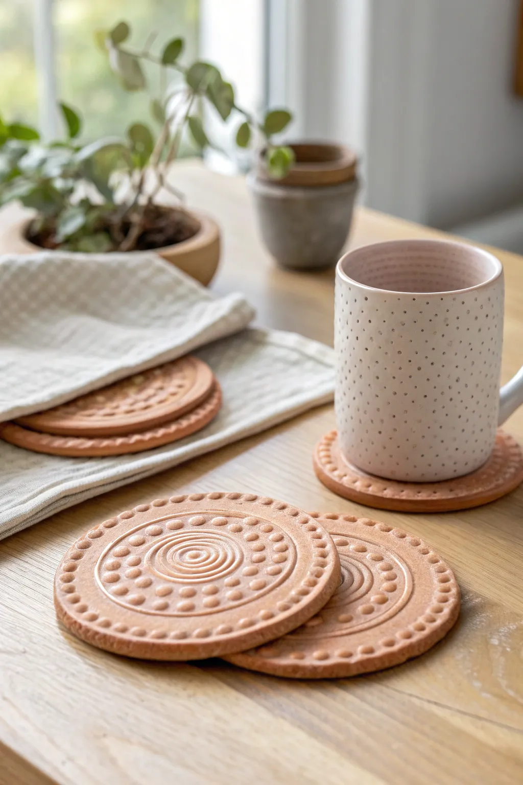 Stamped clay coaster set with painted edges, styled under a mug for a chic, giftable finish