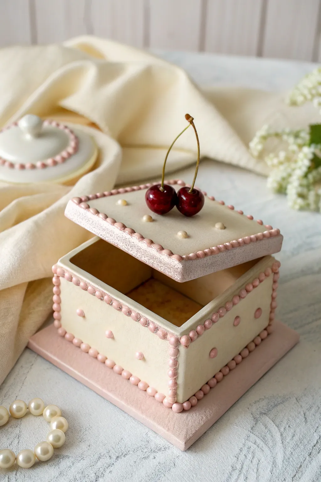 Dessert-sweet coquette trinket drawer with scalloped icing and a glossy cherry topper.