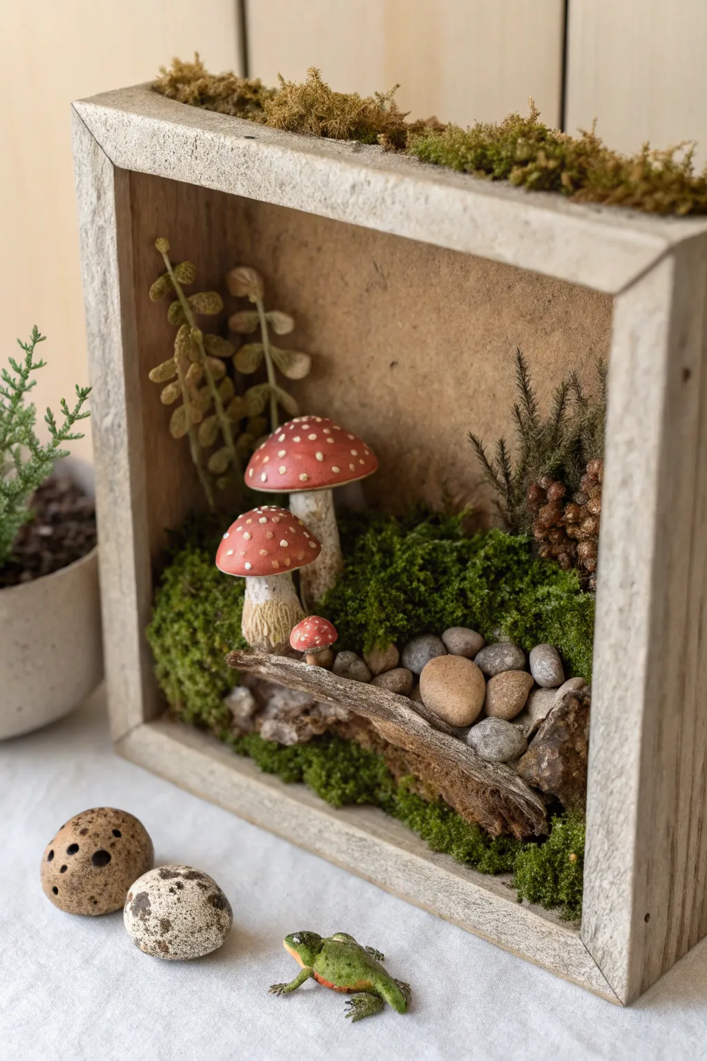 Mini forest floor diorama box in clay, with mushrooms, pebbles, and a hidden tiny frog