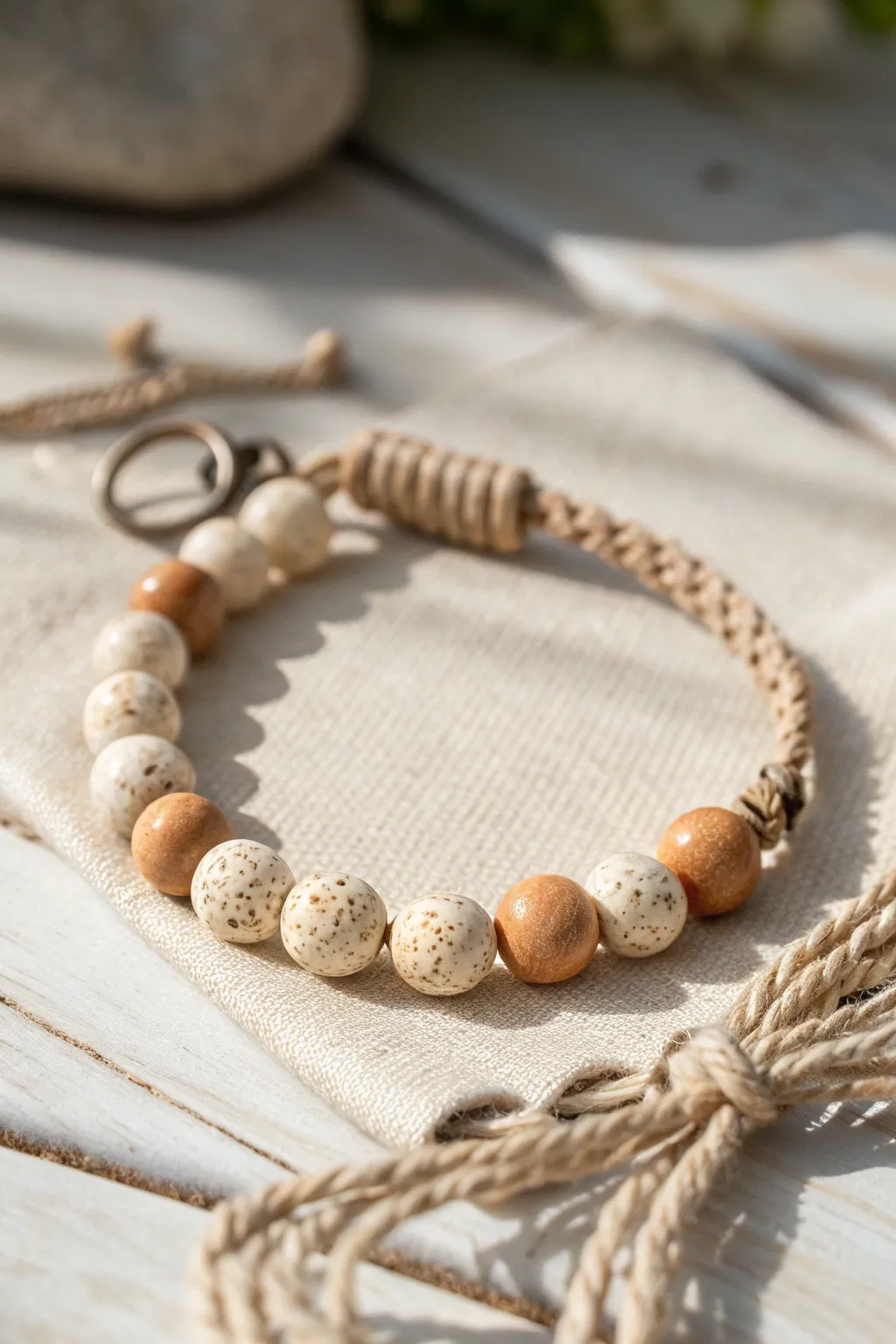 Country clay bead bracelet with a lasso loop charm, tan and cream tones, clean boho style.