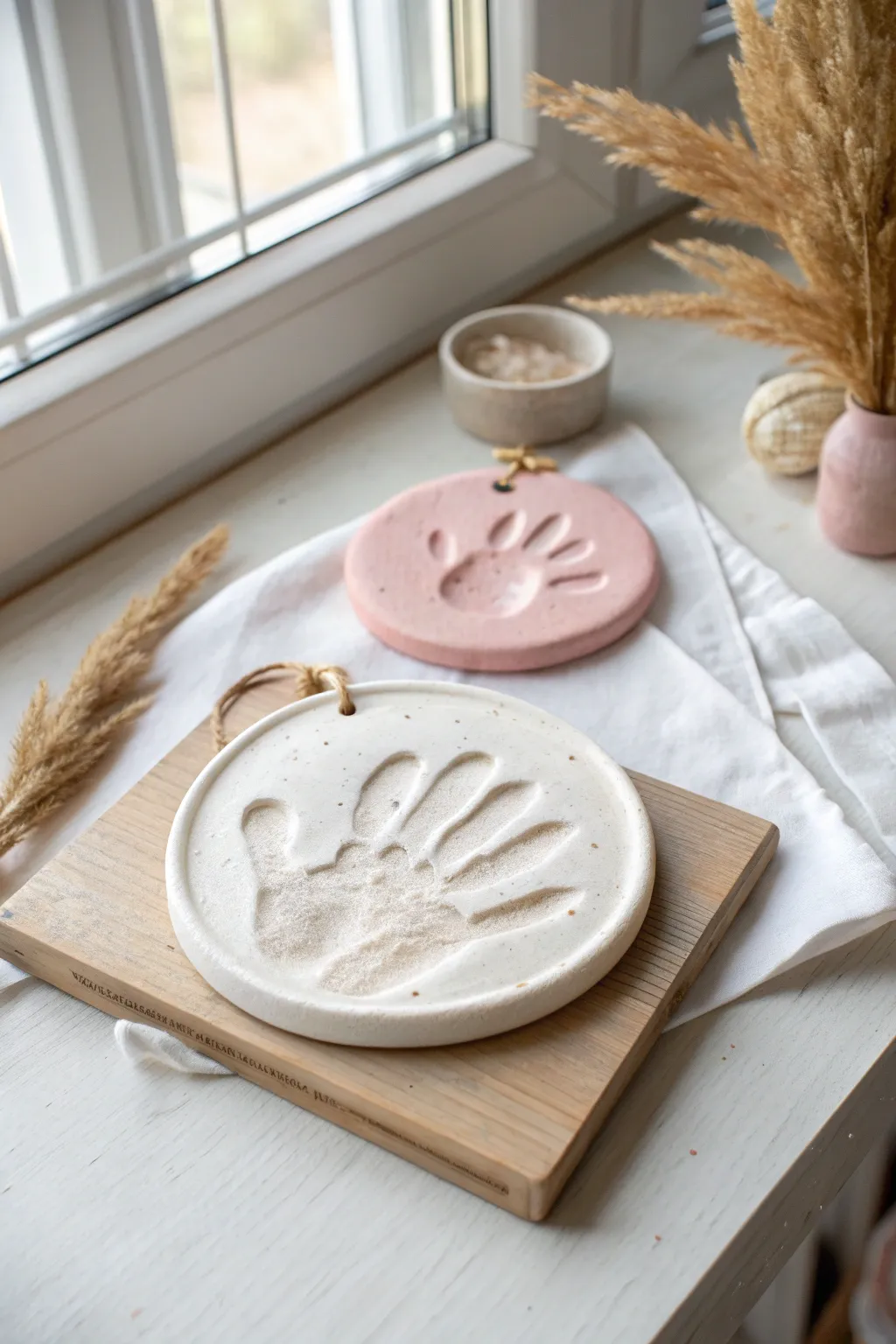 Minimal clay keepsakes: a handprint plaque with a tiny pawprint companion, soft and timeless