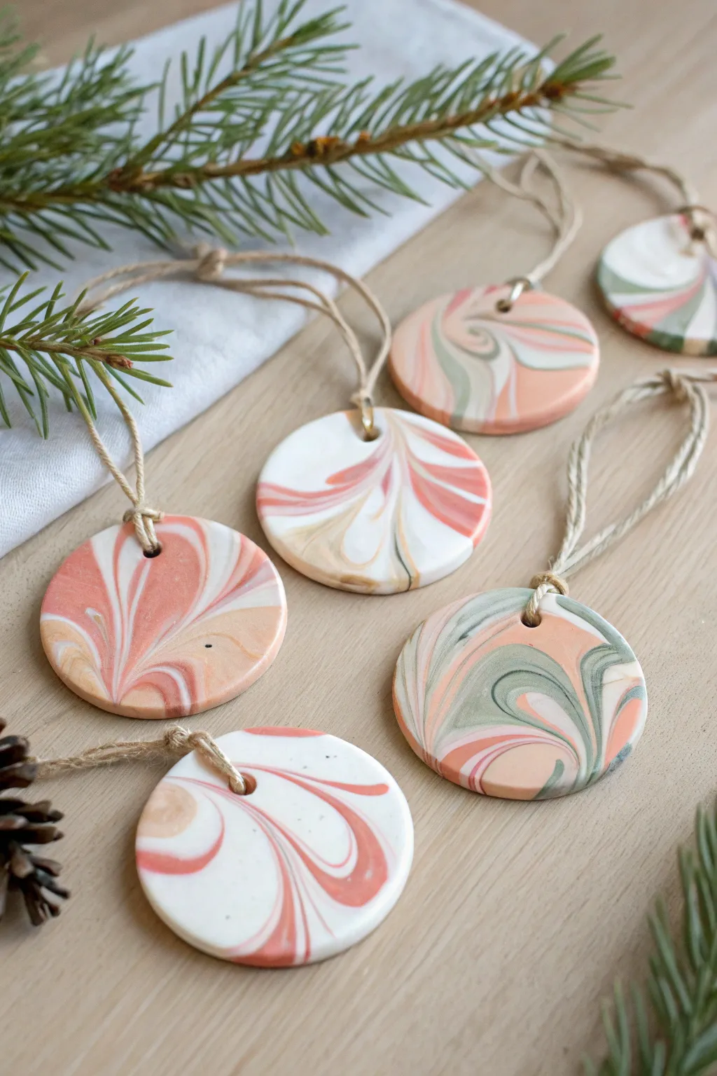 Swirly marbled clay ornaments in soft boho tones, minimal Scandinavian styling and crisp contrast.