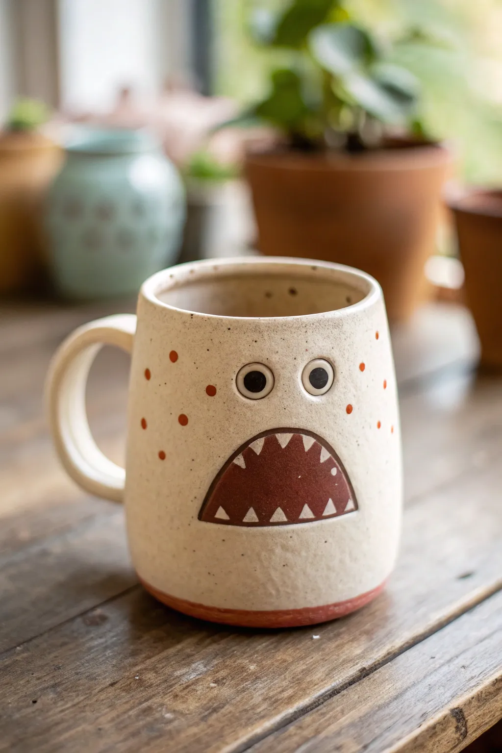 Cute monster mouth mug with glossy grin and simple eyes, a playful clay project for beginners.