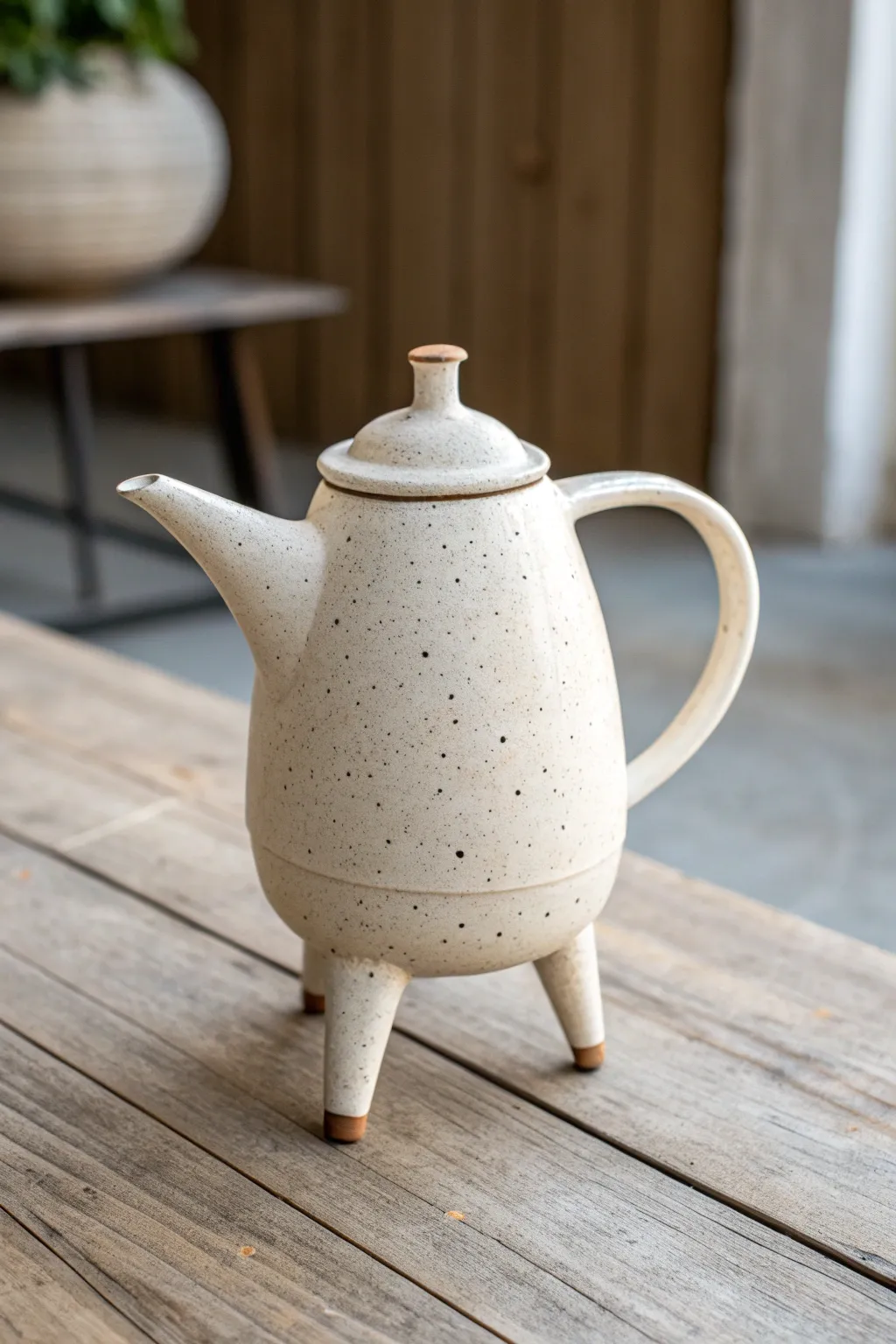 A whimsical walking teapot on long sculptural legs, minimal, handmade, and full of personality.