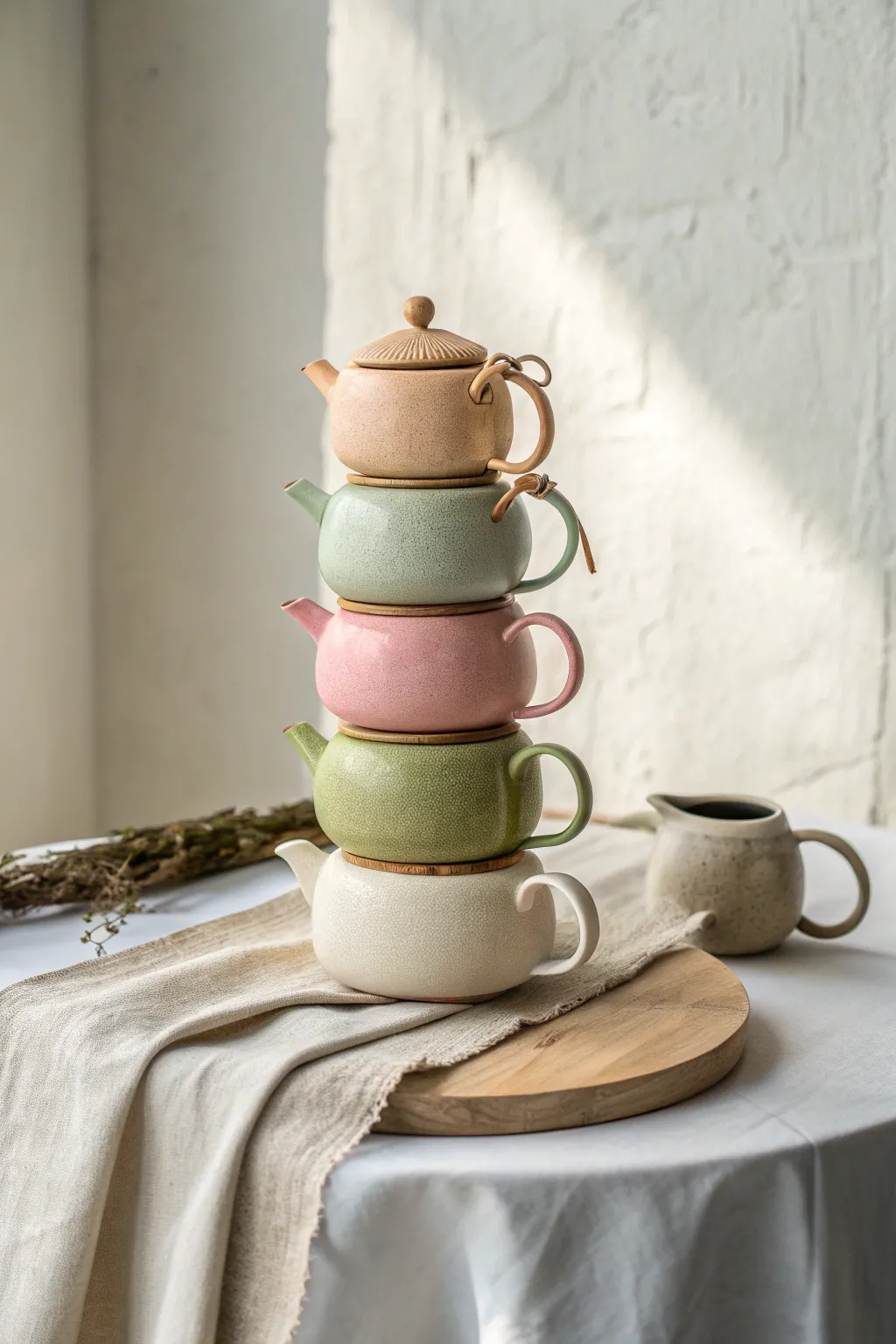 Whimsical stacked teapot totem in soft earthy glazes, minimalist Scandinavian backdrop.
