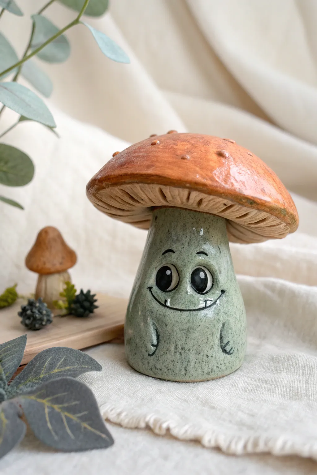 Creepy cute clay monster peeking under a handmade mushroom, glossy eyes, minimal styling