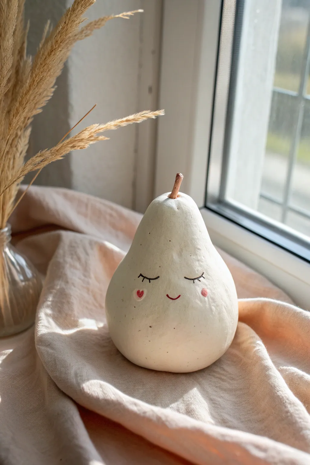 Pear-shaped air clay sculpture with a hidden side face, Scandinavian minimal styling and a sweet reveal.