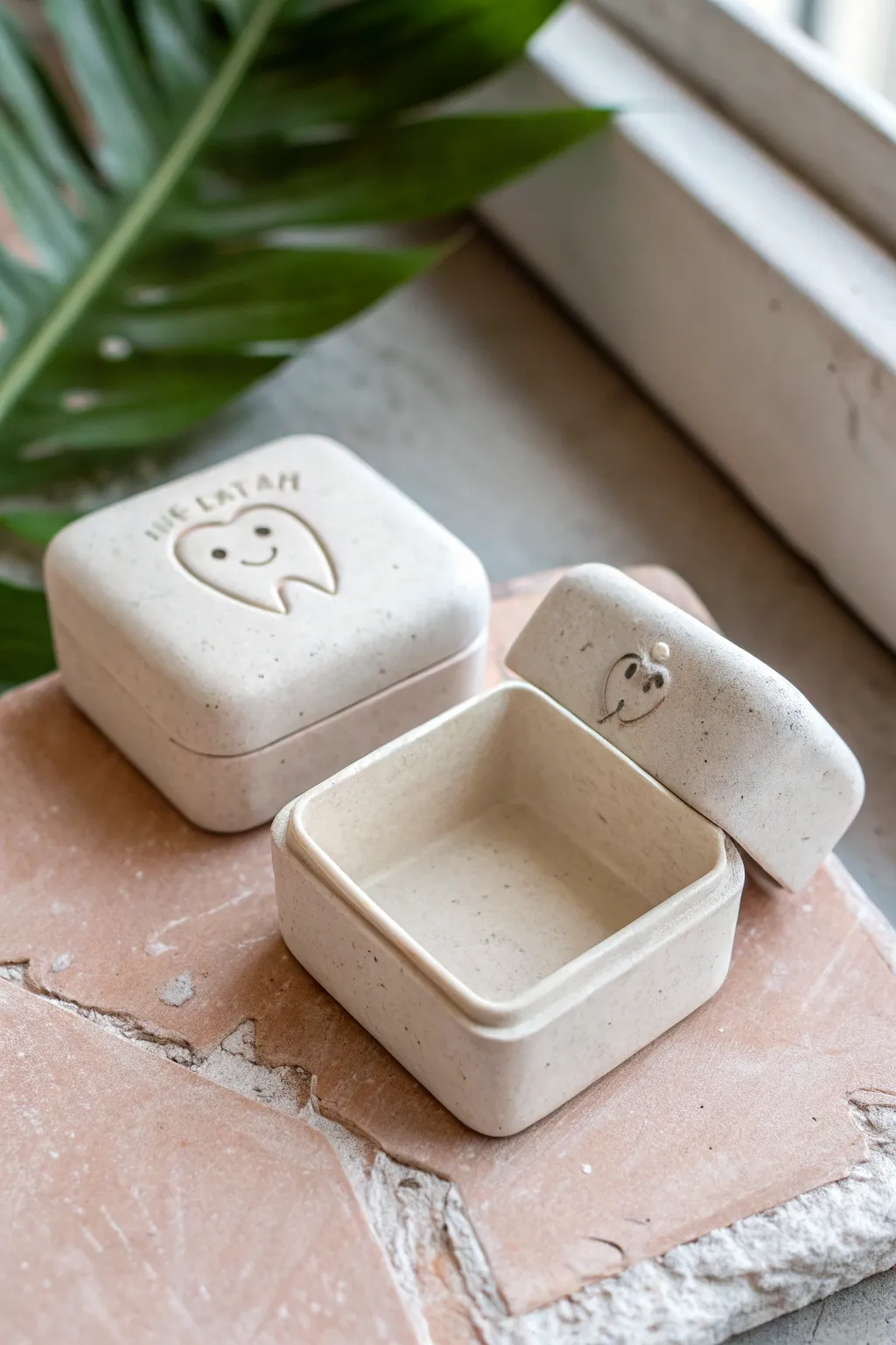Beginner-friendly tiny tooth fairy box in air dry clay, sweet face and pastel minimalist styling.