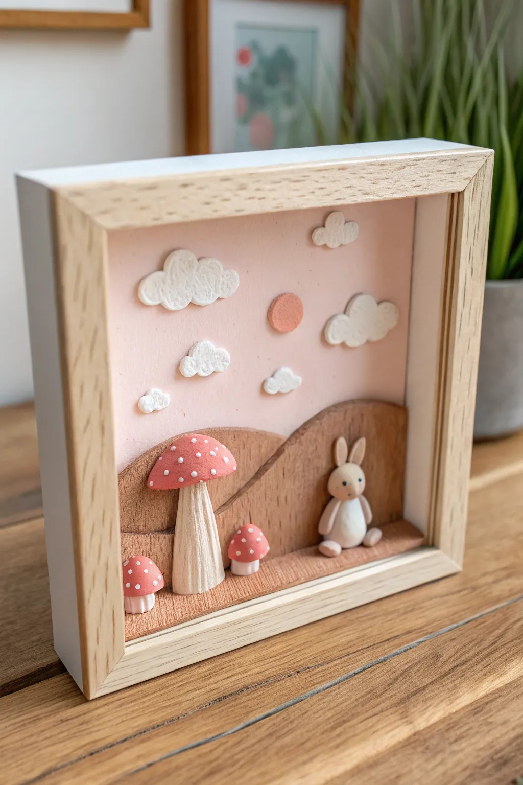Mini air dry clay shadow box scene with pastel clouds and mushrooms, styled in soft Nordic light.