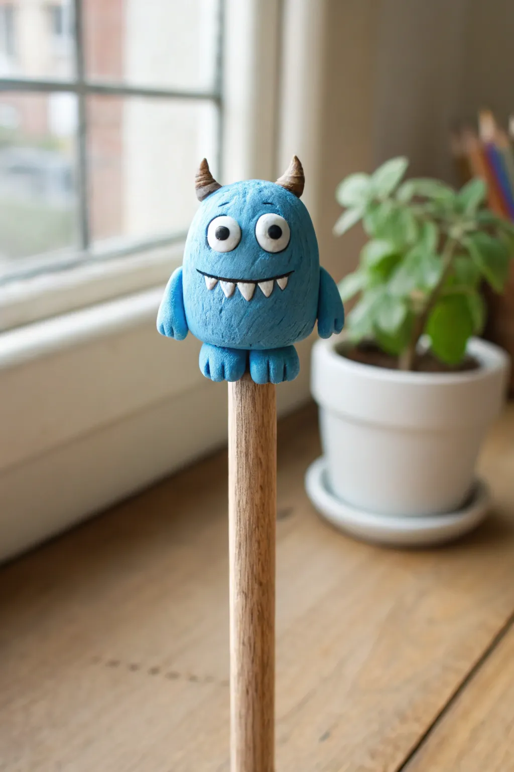 Goofy blue monster pencil topper in chunky clay with tiny horns and a simple grin, Nordic minimal vibe.